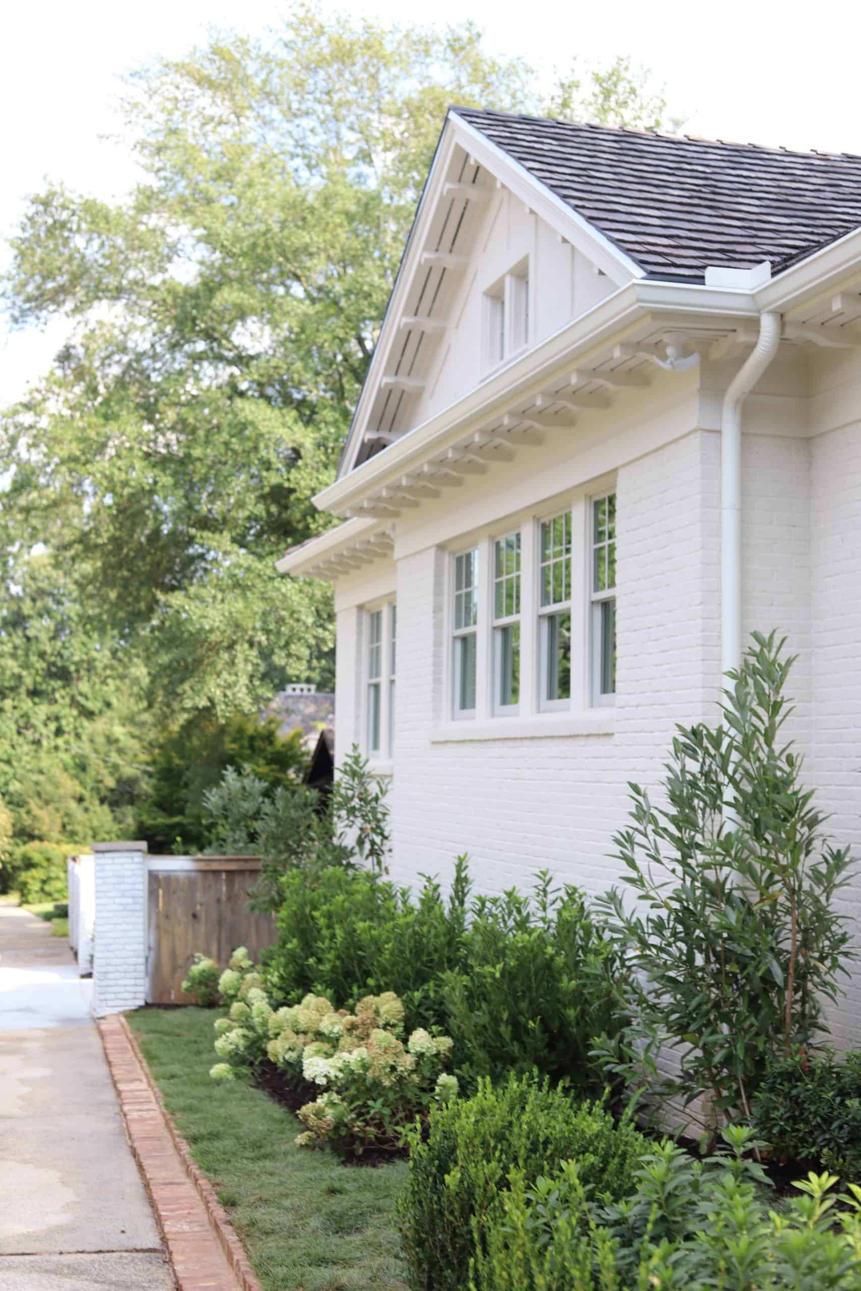 Limelight hydrangeas and evergreen foundation planting along white painted brick residence, Highland & Morningside estate garden by Garden Atlantic, Atlanta