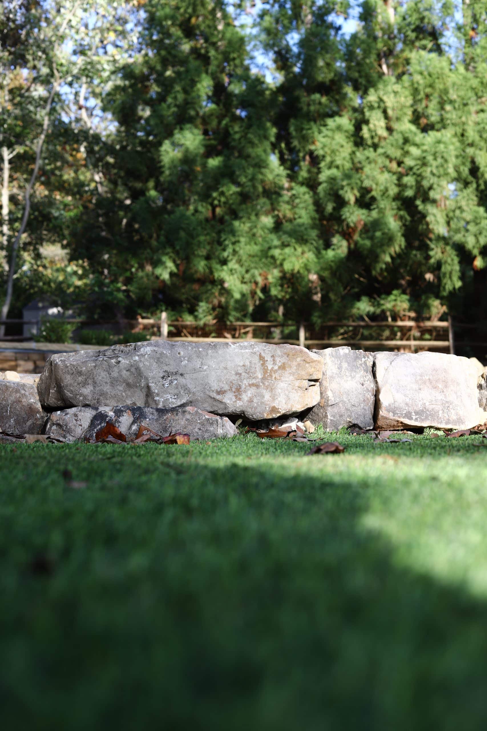 Natural stacked fieldstone retaining wall between manicured lawn tiers with mature evergreen trees in Cumming, Georgia backyard