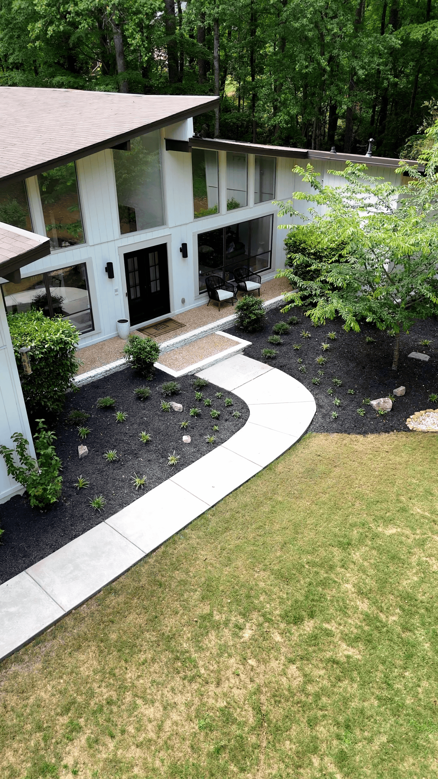 Aerial view of Tynecastle front entry redesign featuring a curved concrete walkway, Japanese maple specimen tree, rounded boxwood masses, perennial ground cover, and dark mulch beds set against a mid-century modern white home in Atlanta, designed by Garden Atlantic